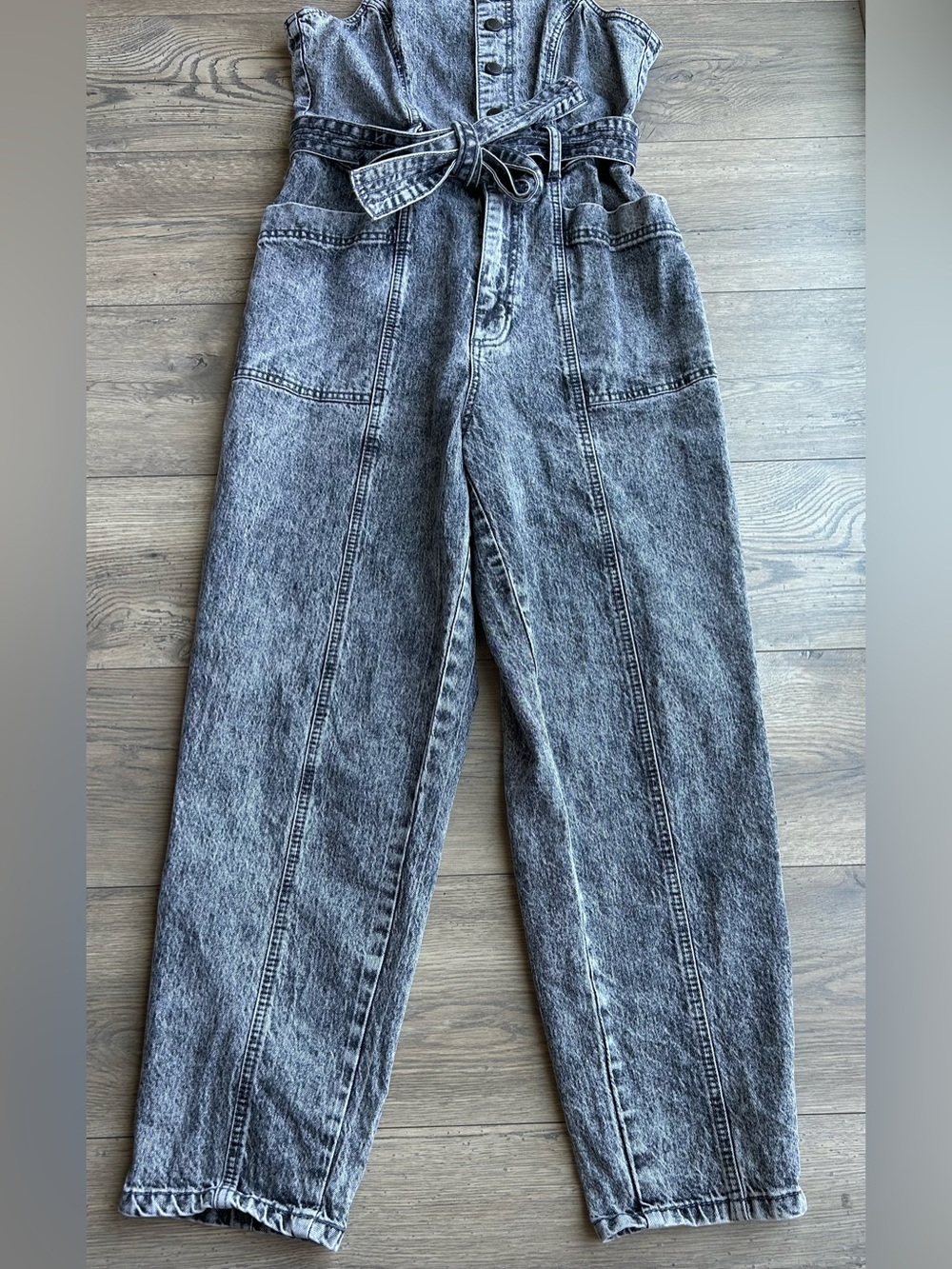 Universal Thread Acid Wash Denim Jumpsuit with Tie Belt - Black/Gray - Picture 3 of 9